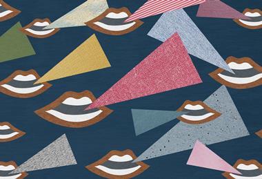 A paper collage of mouths with speech bubbles of different colours and textures