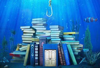 Fishing hook above pile of books underwater with clownfish to the right side