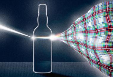 An illustration of a beam of light passing through a whisky bottle to become a rainbow and some tartan, symbolising raman spectroscopy