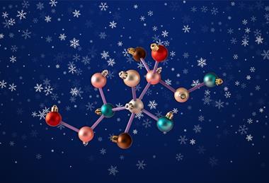 A 3D illustration of a molecular model made using baubles or Christmas tree decorations to represent atoms