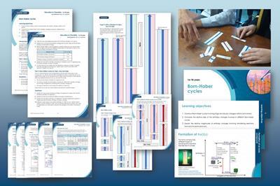 Composite image showing a photo of two learner's hands rearranging arrows from the toolkit to make a Born-Haber cycle plus screenshots of the student sheets, teacher notes, toolkit and powerpoint.