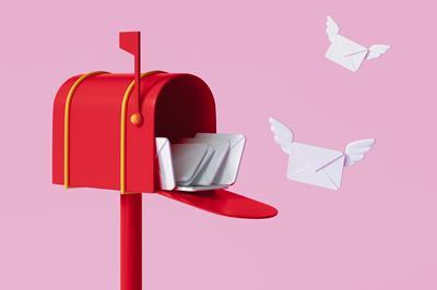 A mailbox receiving winged envelopes