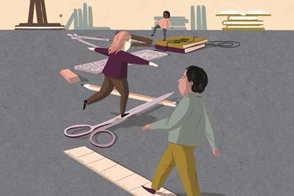 A cartoon of adults balancing as they walk over an obstacle course of giant stationery including scissors, a ruler and a stapler