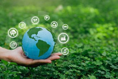 Hand holding a globe over green leafy background to represent sustainability