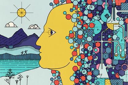 A schematic style cartoon of a human head leaves the overwhelming complexity of chemistry behind to find peace with mountains, a lake and friends.