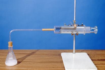 Photo of the equipment used to measure a chemical reaction rate using a gas syringe
