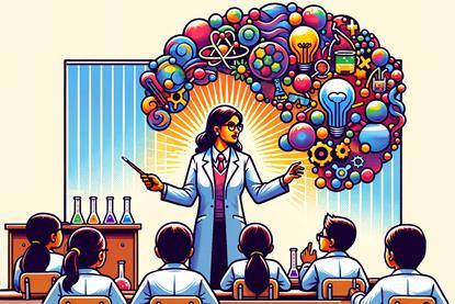 An illustration of a science teacher in front of her class with lots of colourful ideas