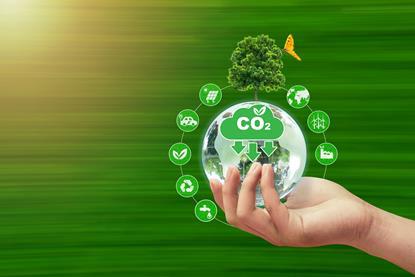 hands holding a green globe, with a tree on top with CO2 written on it