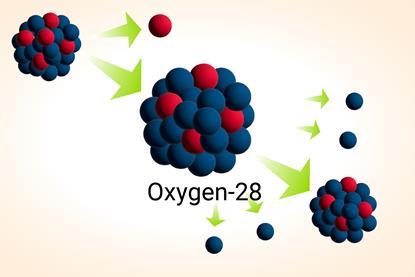 A diagram showing the nucleus of and atom that starts as Fluorine 29 and loses a proton to become Oxygen 28 which then loses four neutrons to become Oxygen 24