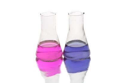 Two coloured cobalt solutions - one pink, one blue