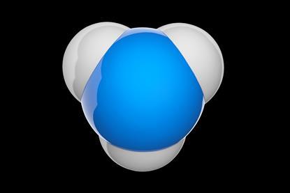 A 3D illustration of a molecule of ammonia, with a nitrogen atom in blue and three hydrogen atoms in white