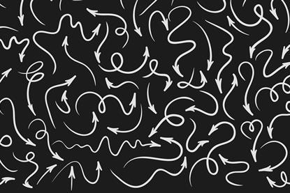 A mess of curly black arrows on a white background