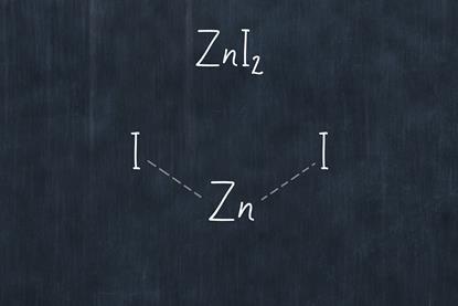 Zinc Iodide Formula. Handwritten chemical formula on blackboard. Illustration white background of a black school board.