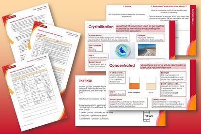 A collection of screenshots showing teacher notes, student sheet and presentation slides