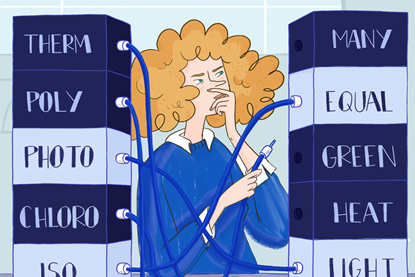 Illustration of female student with cable in her hand, blocks of Greek/Latin root words on her right, blocks of English science related words on here left; the cables link the Greek/Latin origins to the English words