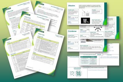 A collection of screenshots showing teacher notes, student sheet and presentation slides