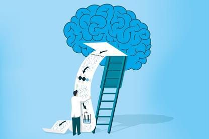 A cartoon of a tiny scientist reading a paper output of Chemistry knowledge from a giant brain