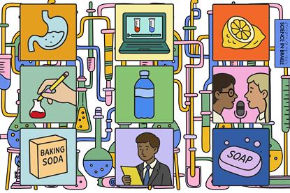 A cartoon showing students using different techniques to learn about acids and alkalis including watching a video, drawing a cartoon, making a podcast and writing a poem