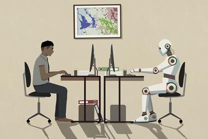 A cartoon of a student and robot sitting opposite each other while typing on computers. An expressive artwork is on the wall.