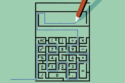 A pencil traces a path through a maze puzzle shaped like a calculator