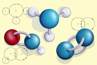 Modelau cartŵn o foleciwlau gyda diagramau plisgyn electronau dot a chroes