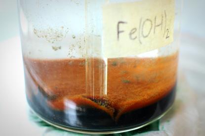 A brown precipitate at the bottom of a glass beaker labelled with the chemical formula for iron(II) hydroxide