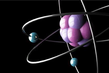 A 3D rendered model of part of the structure of an atom, showing the nucleus containing protons and neutrons with electrons in orbit around it
