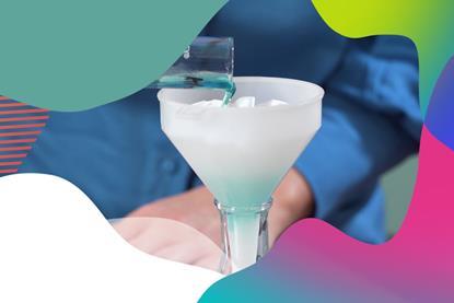 Funnel with filter paper over a conical flask, blue solution poured into top