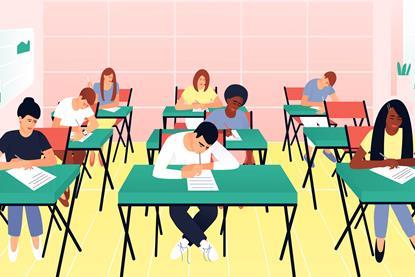 An illustration showing students taking an exam in a classroom
