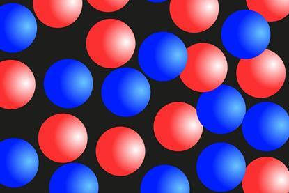 An illustration with red and blue circles representing particles of two gases mixing