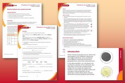 Student and teacher sheets for reactions of zinc powder and sulfur on graduated orange-red background