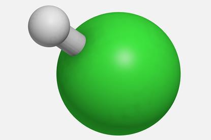 A 3D rendered model of a hydrogen chloride molecule, with a hydrogen atom in white and a chlorine atom in green, joined by a covalent bond in white