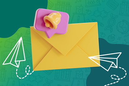 A yellow envelope with a 3D bell notification icon on top, with illustrated paper planes on a science-themed background