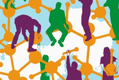 An illustration showing people building molecules