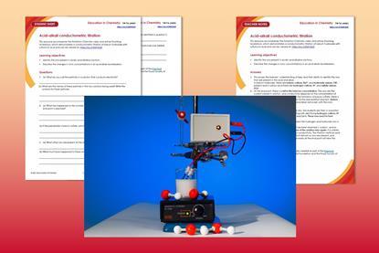 Acid-alkali conductometric titration student sheet and teacher notes, with an acid-alkali conductometric titration set up in the foreground. 
