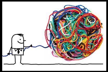 An image showing a cartoon figure untangling a ball of messy colourful wool