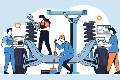Mechanics using computers and tools to fix a car chassis