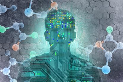 Circuit board and molecules over silhouette of man
