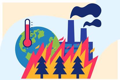 An illustration of Earth, a thermometer, a forest fire and a polluting factory 
