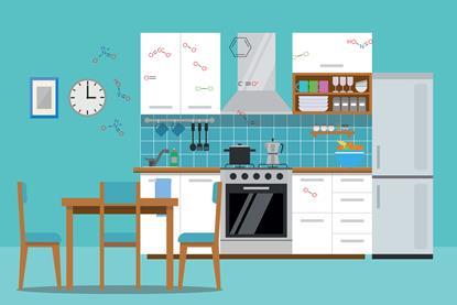 Illustration of a kitchen with the chemical structures of molecules found in indoor air pollution