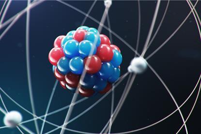 An abstract 3D rendered model of an atom, showing the nucleus of protons and neutrons with electrons orbiting around it