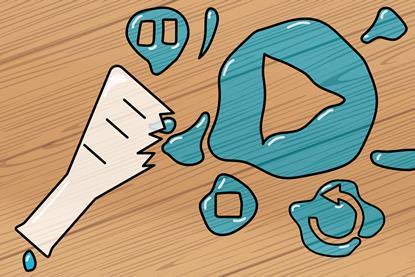 A cartoon of a broken glass flask revealing the shape of a play button in the spill