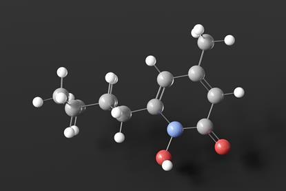 Ciclopirox molecule shown in 3D molecular structure, ball and stick model