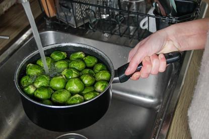 A hand holding a saucepan full of Brussels sprouts under water flowing from a kitchen tap