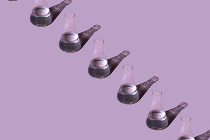 A photographic illustration with glass beakers in a line, each containing a liquid, on a pink background