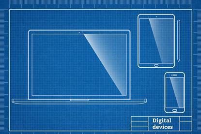 A blue print for a laptop, tablet and stylus and a mobile phone.