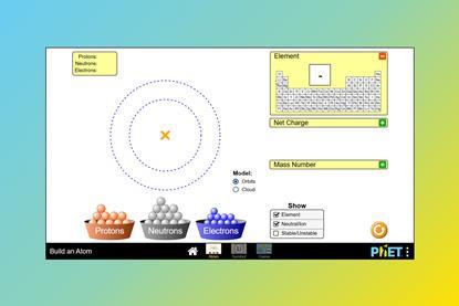 A screenshot of the PhET build an atom simulation, featuring a blank atomic diagram and buckets containing protons, neutrons and electrons