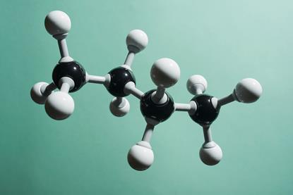 A 3D rendered image of the molecular model for butane.