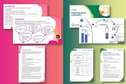 Example pages from teacher notes, student worksheet and classroom slides that make up this resource, one half shows the primary resource and the other half the lower secondary version