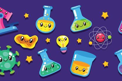 cartoon of science equipment with smiley faces